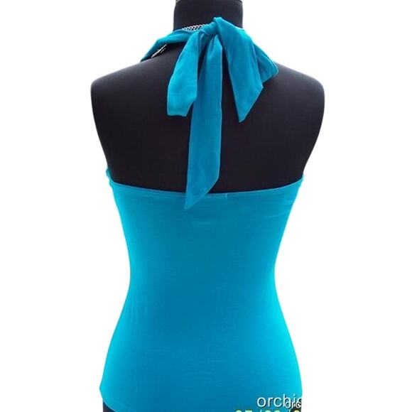 Cache Ruched Peek A Boo Sequin Plung 2 Navel Halter Top New Stretch NWT $118 - Picture 4 of 4